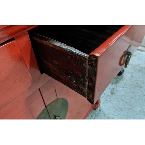 444 - CHINESE SHANXI STYLE SIDE CABINET, 78cm W x 50cm D x 75cm H, red lacquered finish.