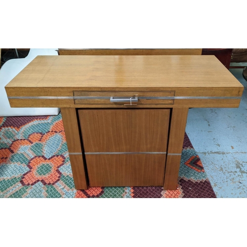 448 - MUFTI CONSOLE TABLE, walnut veneered twin pedestal design, single drawer, steel rims to edges, plus ... 