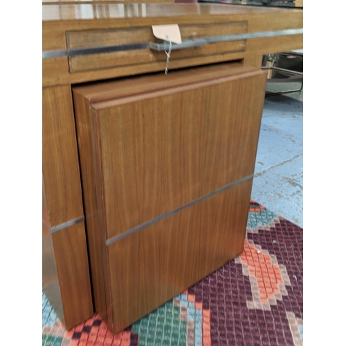 448 - MUFTI CONSOLE TABLE, walnut veneered twin pedestal design, single drawer, steel rims to edges, plus ... 