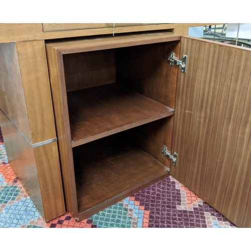 448 - MUFTI CONSOLE TABLE, walnut veneered twin pedestal design, single drawer, steel rims to edges, plus ... 