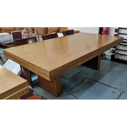 450 - MUFTI TABLE, contemporary design walnut veneered, double pedestal base, steel rims, to edges, 77cm H... 