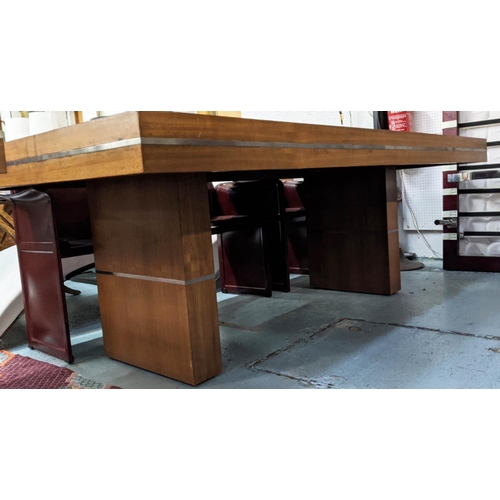 450 - MUFTI TABLE, contemporary design walnut veneered, double pedestal base, steel rims, to edges, 77cm H... 