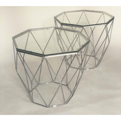 453 - SIDE TABLES, a pair, octagonal polished metal and glass, 65cm W x 54cm H. (2)