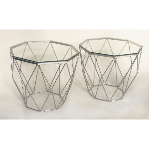 453 - SIDE TABLES, a pair, octagonal polished metal and glass, 65cm W x 54cm H. (2)