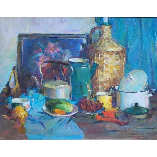 48 - OLEG STANICHNOV (b.1987, Ukrainian) 'A still life with kitchen dishes', oil on canvas, 70cm x 90cm.