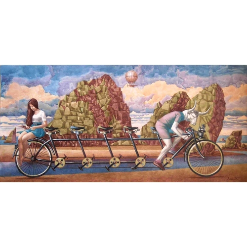 49 - ALEKSANDR ANOKHIN (Ukrainian) 'Bicycle ride', oil on canvas, 58cm x 122cm.