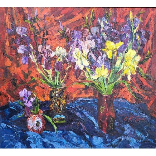 64 - SERGEI SHAPOVALOV (b.1948, Ukrainian) 'Irises', oil on canvas, 81cm x 90cm.