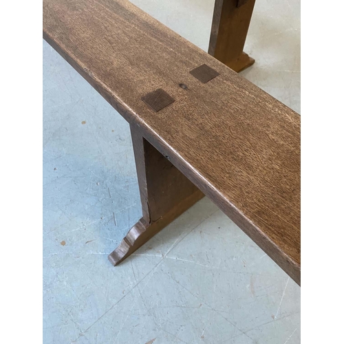 93 - REFECTORY BENCHES/FORMS, a pair, solid oak rectangular with joined trestle slab supports, 194cm x 40... 