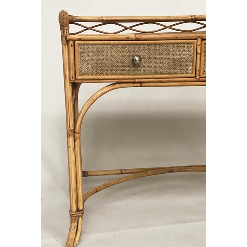 95 - WRITING TABLE, early 20th century bamboo framed and cane panelled with gallery and two frieze drawer... 