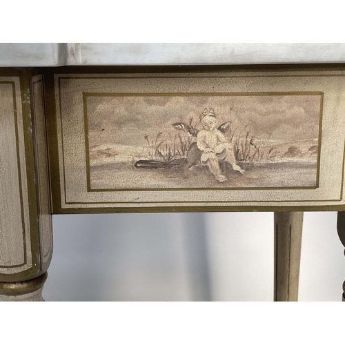 97 - CONSOLE TABLE, Italian style breakfast form with carrara marble top cherub painted frieze and reeded... 