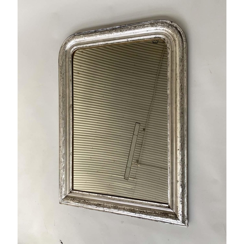 99 - OVERMANTEL, 19th century Italian silvered wood, arched incised moulded frame, 74cm W x 102cm H.