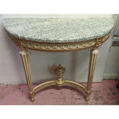 228 - DEMI LUNE CONSOLE TABLES, a pair, each 100cm x 82cm H x 44cm, Louis XVI style. cream painted and gil... 