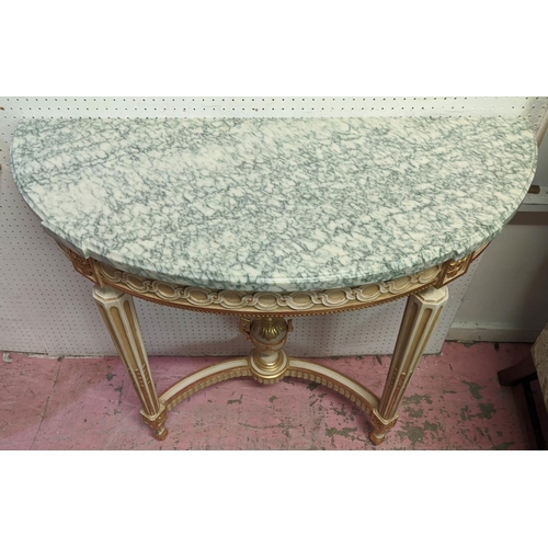 228 - DEMI LUNE CONSOLE TABLES, a pair, each 100cm x 82cm H x 44cm, Louis XVI style. cream painted and gil... 