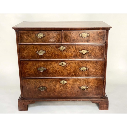 143 - CHEST, early 18th century English Queen Anne figured walnut with two short and three long drawers, 1... 