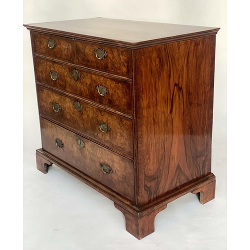 143 - CHEST, early 18th century English Queen Anne figured walnut with two short and three long drawers, 1... 