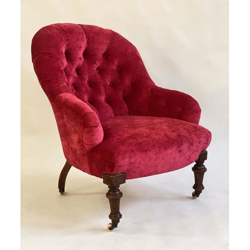 145 - ARMCHAIR, Victorian walnut with garnet chenille velvet upholstery with deep buttoned rounded back an... 