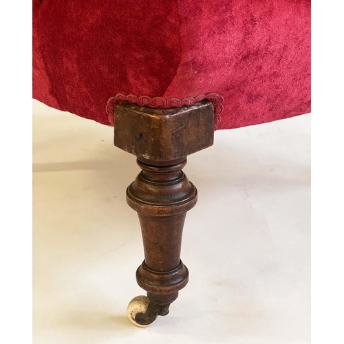 145 - ARMCHAIR, Victorian walnut with garnet chenille velvet upholstery with deep buttoned rounded back an... 