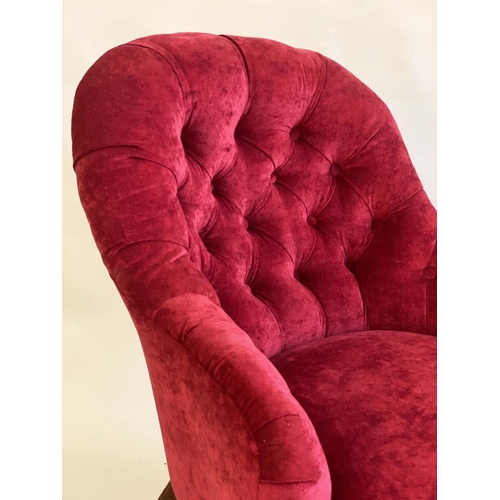 145 - ARMCHAIR, Victorian walnut with garnet chenille velvet upholstery with deep buttoned rounded back an... 