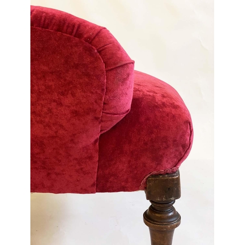 145 - ARMCHAIR, Victorian walnut with garnet chenille velvet upholstery with deep buttoned rounded back an... 