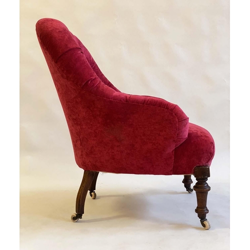 145 - ARMCHAIR, Victorian walnut with garnet chenille velvet upholstery with deep buttoned rounded back an... 