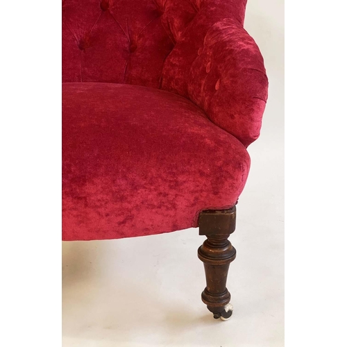 145 - ARMCHAIR, Victorian walnut with garnet chenille velvet upholstery with deep buttoned rounded back an... 