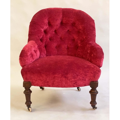 145 - ARMCHAIR, Victorian walnut with garnet chenille velvet upholstery with deep buttoned rounded back an... 