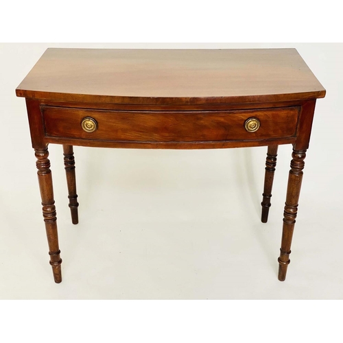 146 - BOWFRONT WRITING TABLE, Regency period figured mahogany with full width frieze drawer, 96cm H x 53cm... 