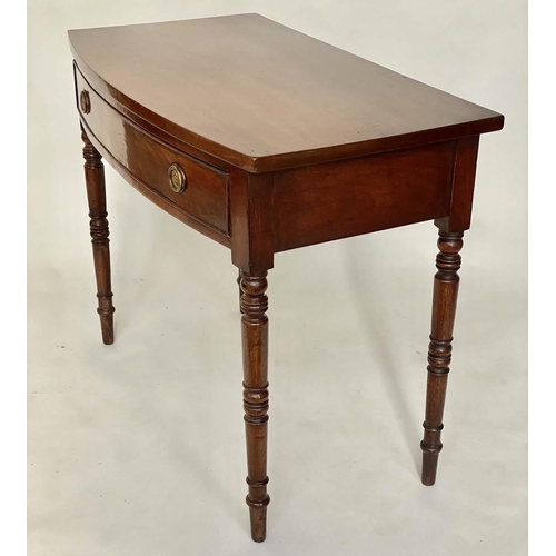 146 - BOWFRONT WRITING TABLE, Regency period figured mahogany with full width frieze drawer, 96cm H x 53cm... 