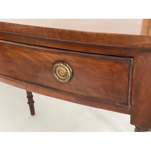 146 - BOWFRONT WRITING TABLE, Regency period figured mahogany with full width frieze drawer, 96cm H x 53cm... 