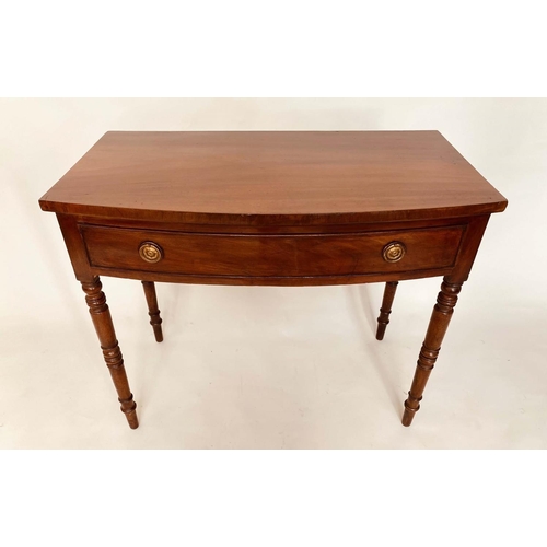 146 - BOWFRONT WRITING TABLE, Regency period figured mahogany with full width frieze drawer, 96cm H x 53cm... 