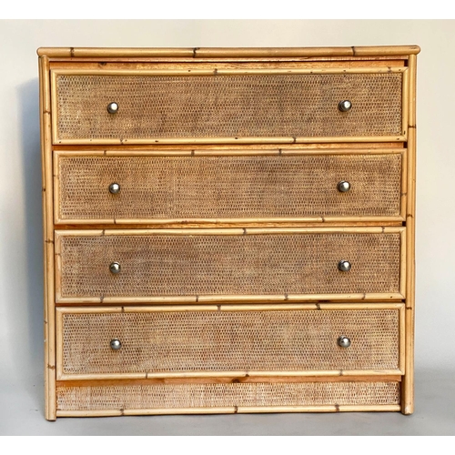 147 - BAMBOO CHEST, 91cm H x 94cm W x 45cm D, cane panelled with four long drawers.