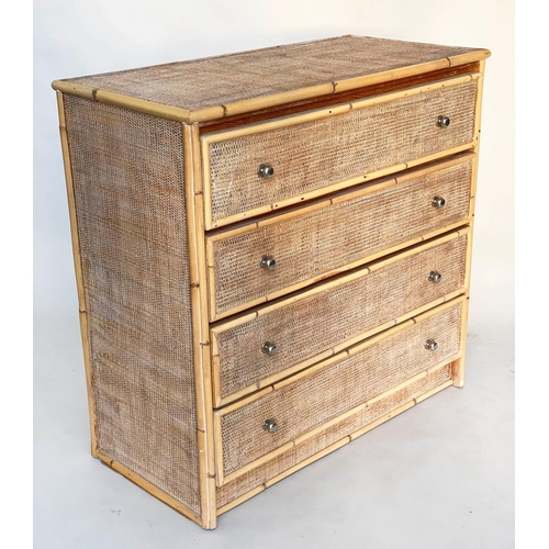 147 - BAMBOO CHEST, 91cm H x 94cm W x 45cm D, cane panelled with four long drawers.