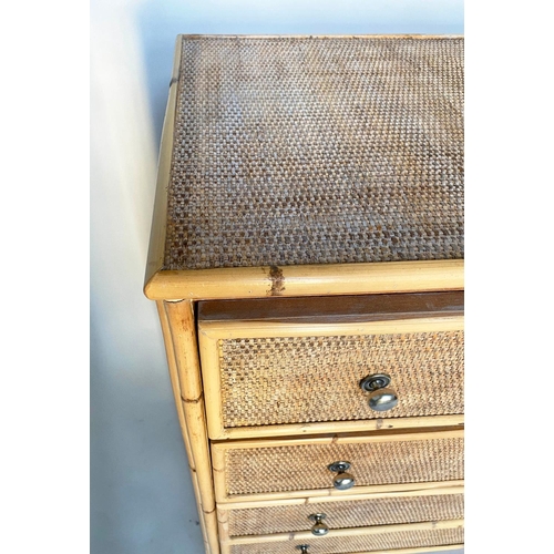 147 - BAMBOO CHEST, 91cm H x 94cm W x 45cm D, cane panelled with four long drawers.