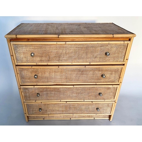 147 - BAMBOO CHEST, 91cm H x 94cm W x 45cm D, cane panelled with four long drawers.