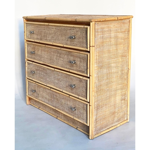 147 - BAMBOO CHEST, 91cm H x 94cm W x 45cm D, cane panelled with four long drawers.