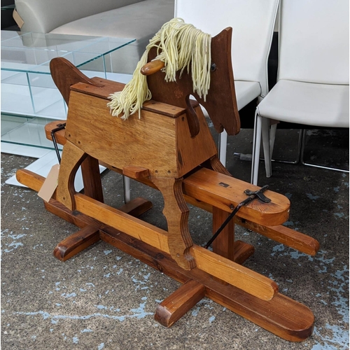 18 - ROCKING HORSE, 120cm x 50cm x 80cm, vintage 1950s pine with wool work mane.