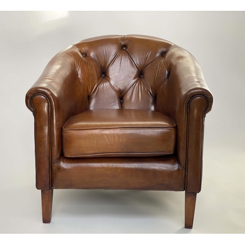 245 - LIBRARY ARMCHAIR, deep buttoned mid brown leather upholstered with rounded back and square tapering ... 