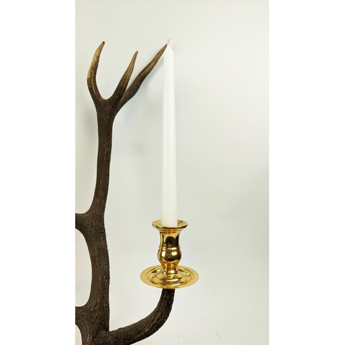 251 - ANTHONY REDMILE STYLE RED DEER ANTLER CANDELABRA, a pair, 68cm H, gold plated fittings. (2)