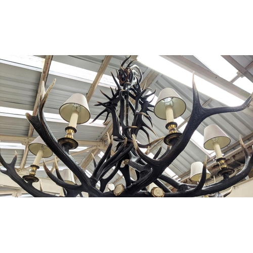 254 - ANTHONY REDMILE STYLE RED DEER ANTLER CHANDELIER, eight branch design, with shades, 150cm drop appro... 