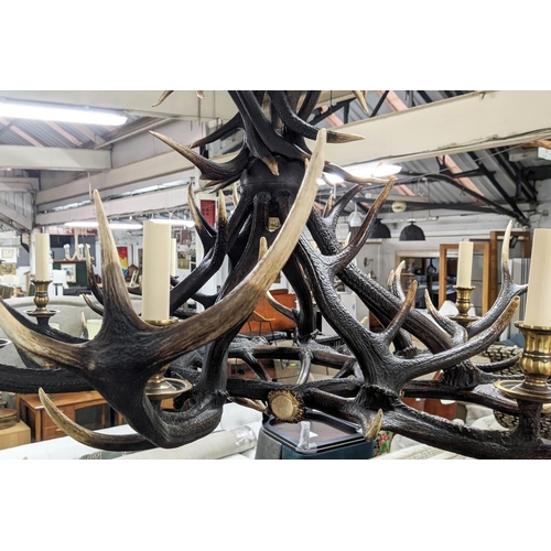254 - ANTHONY REDMILE STYLE RED DEER ANTLER CHANDELIER, eight branch design, with shades, 150cm drop appro... 