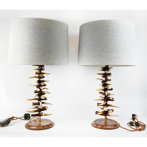 255 - ANTHONY REDMILE STYLE ANTLER TINE TABLE LAMPS, a pair, 70cm H, with herringbone shades. (2)