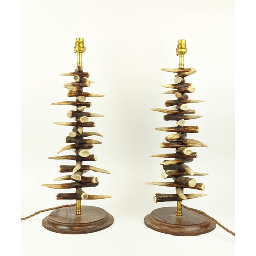 255 - ANTHONY REDMILE STYLE ANTLER TINE TABLE LAMPS, a pair, 70cm H, with herringbone shades. (2)