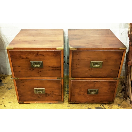 264 - CAMPAIGN STYLE BEDSIDE CHESTS, a pair, each 41cm W x 46cm D x 58cm H. (2)