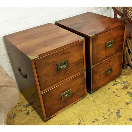 264 - CAMPAIGN STYLE BEDSIDE CHESTS, a pair, each 41cm W x 46cm D x 58cm H. (2)