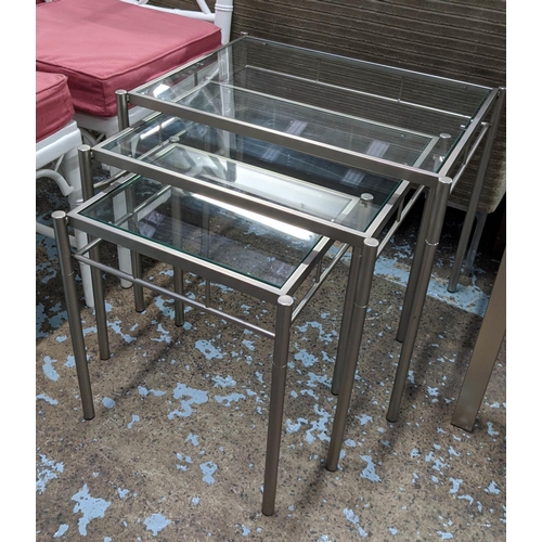 267 - NESTING TABLES, a set of three, metal and glass, 59cm x 45cm x 50cm. (3)