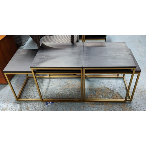 269 - COCKTAIL TABLES, a set of three, 120cm x 39cm x 46cm at largest, ebonised tops, gilt metal bases. (3... 