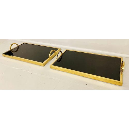 286 - COCKTAIL TRAYS, a pair, 8cm x 50cm x 30cm, gilt metal and smoked glass. (2)