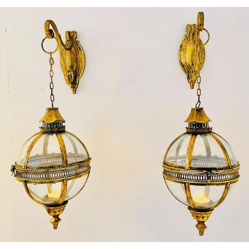 287 - WALL HANGING CANDLE LANTERNS, a pair, Regency style, globular, gilt metal frames, 75cm H. (2)