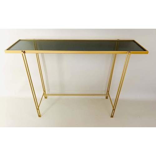 290 - CONSOLE TABLE, 73cm x 102cm x 29cm, gilt metal frame smoked glass top.