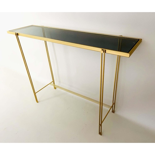 290 - CONSOLE TABLE, 73cm x 102cm x 29cm, gilt metal frame smoked glass top.